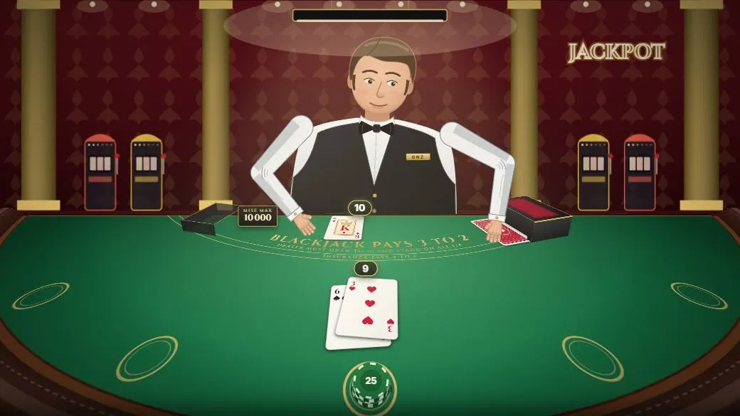 Le casino : colonnes dorées, machines à sous et croupier qui commente la main